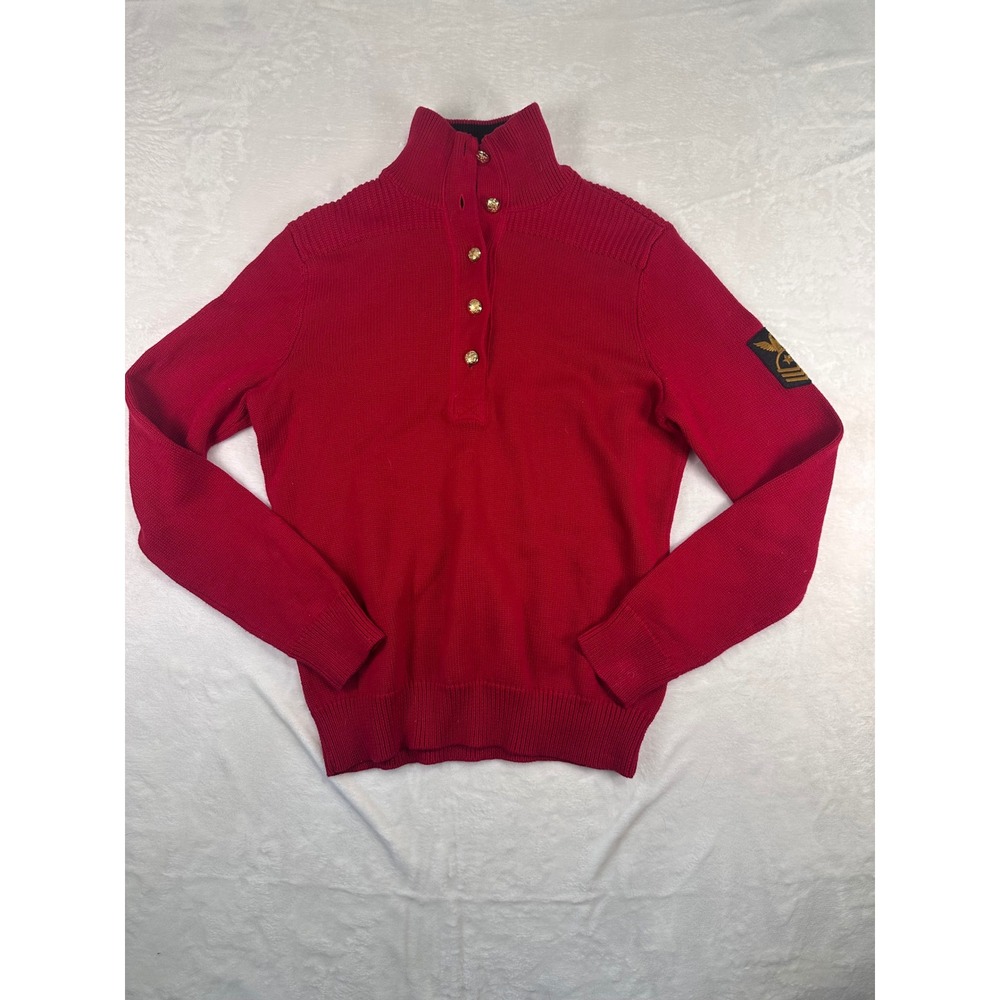 Lauren Ralph Lauren Mock Neck Sweater S Red Gold Crest Button Military Womens